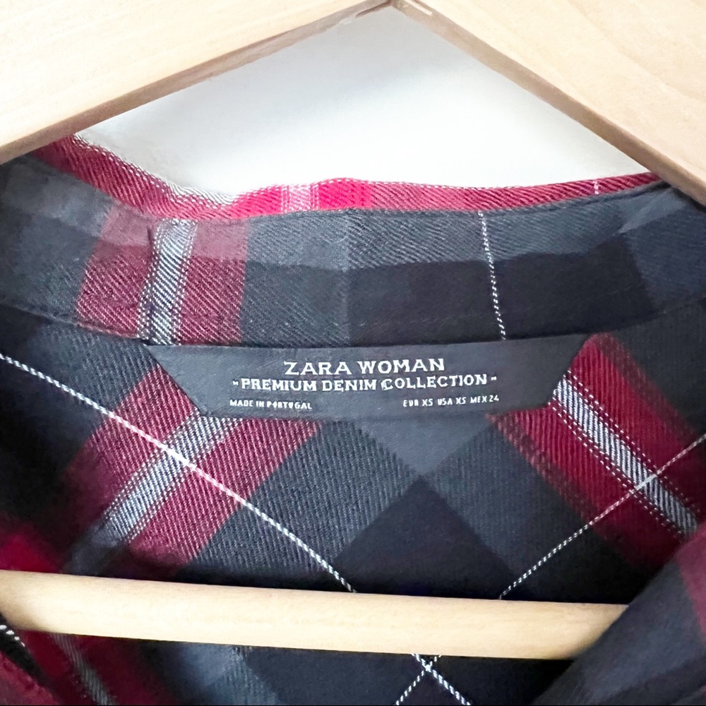 Zara Woman Premium Tartan Plaid Studded Pocket Fray Hem Shirt Dress Red Black XS - Picture 6 of 13
